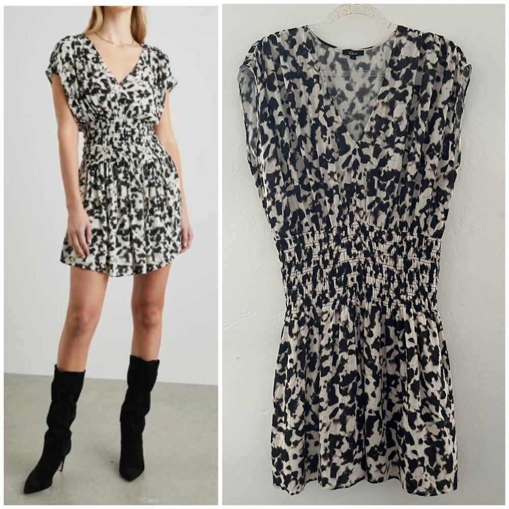 Rails Siera Blurred Cheetah Dress Large Mini Smocked V-Neck Lined Animal Print
